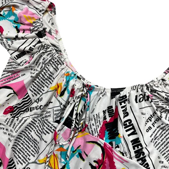 Mind Code Crop Top (see measurements) Newspaper Print Design Puff Sleeve - Picture 2 of 4